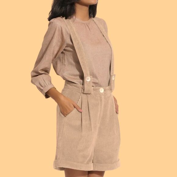 SeamsFriendly Khaki Beige Cotton Corduroy Short Dungaree Jumpsuit Size Small - Picture 3 of 16